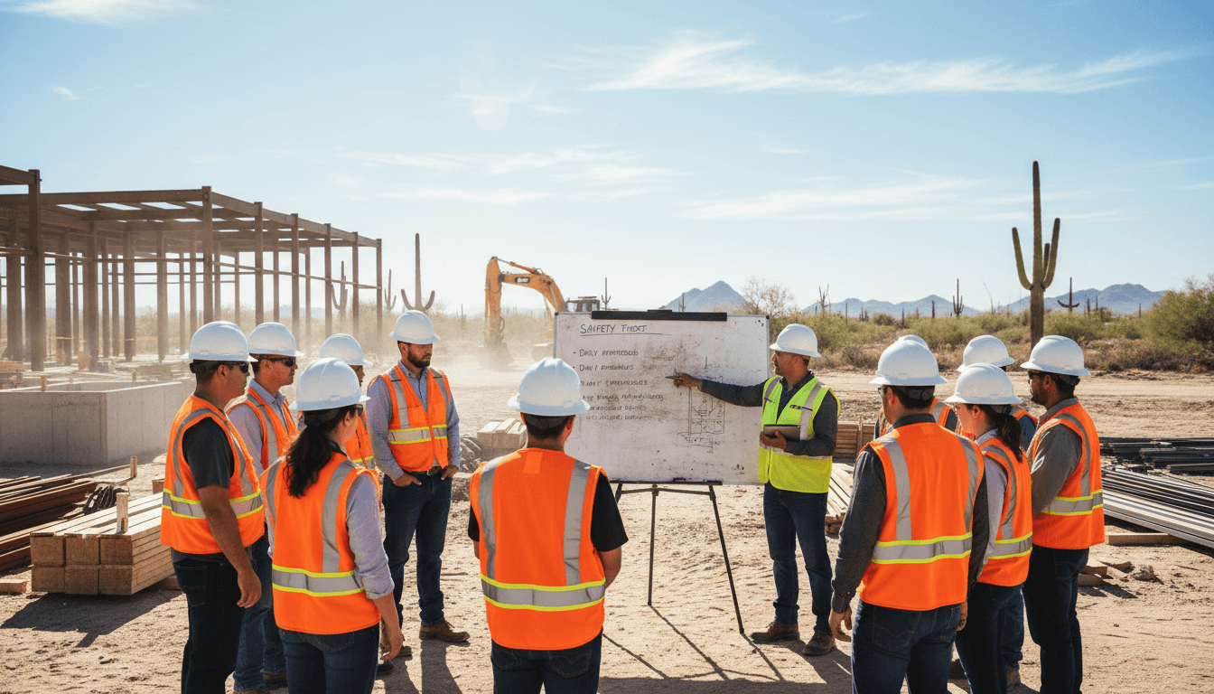 Construction safety meeting on Arizona job site